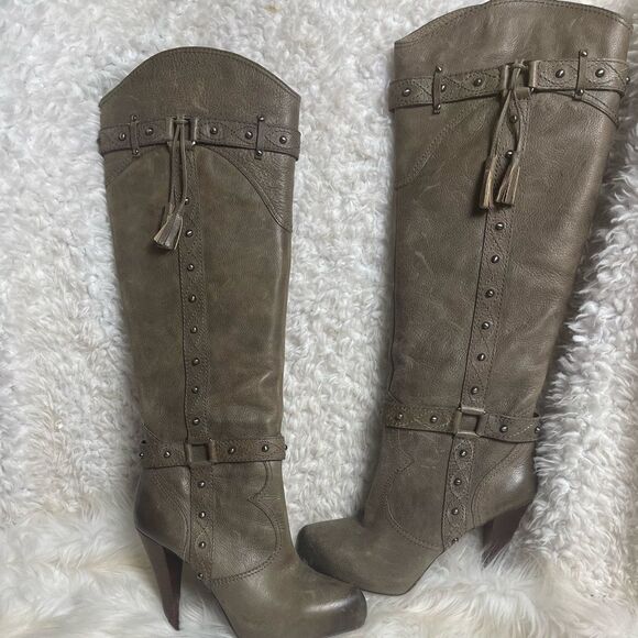Gianni Bini Leather Taupe Studded Tassel Tall High Heel slip on  Boots Size 8.5M - Picture 1 of 12